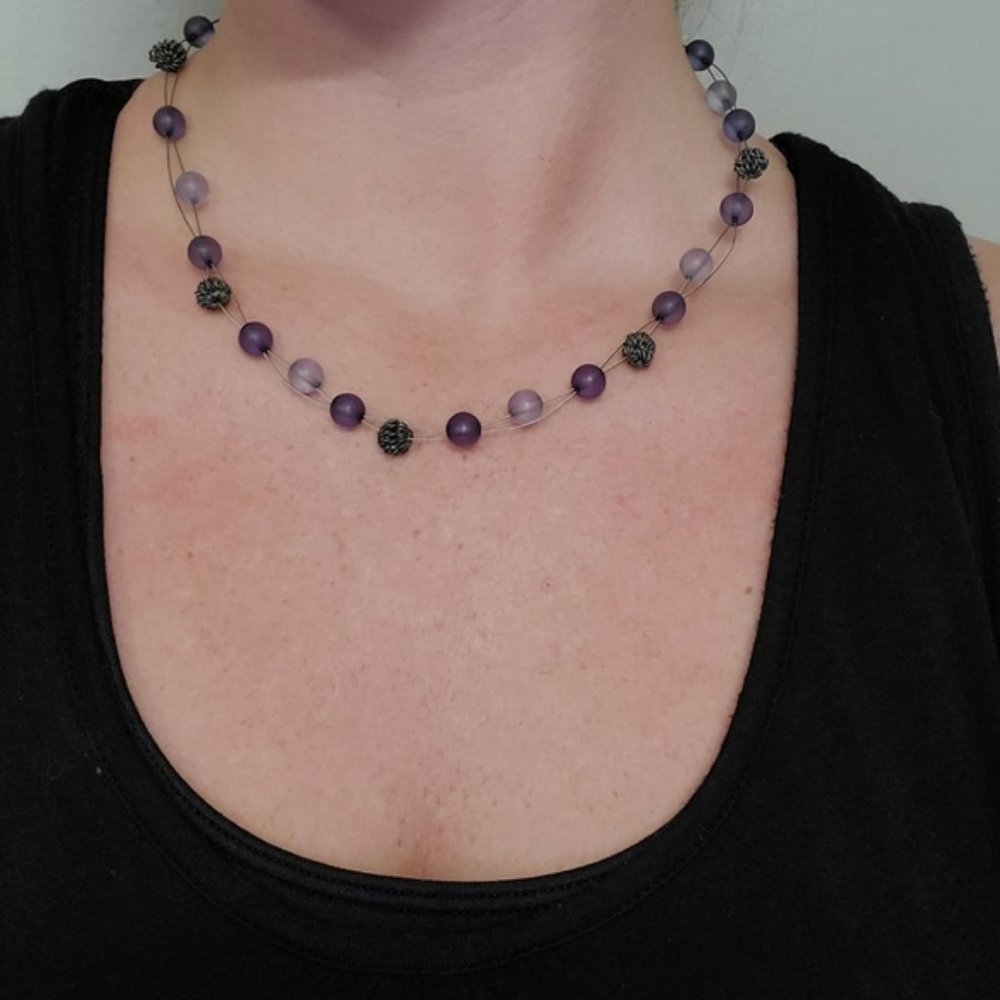 Blue & Metal Beads Illusion Necklace Preppy Work